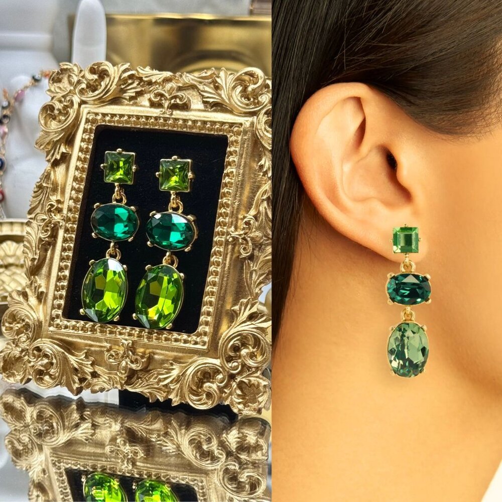 🆕 OSCAR DE LA RENTA 🧿 NWOT Claudia Crystal Drop Earrings, Emerald Multi